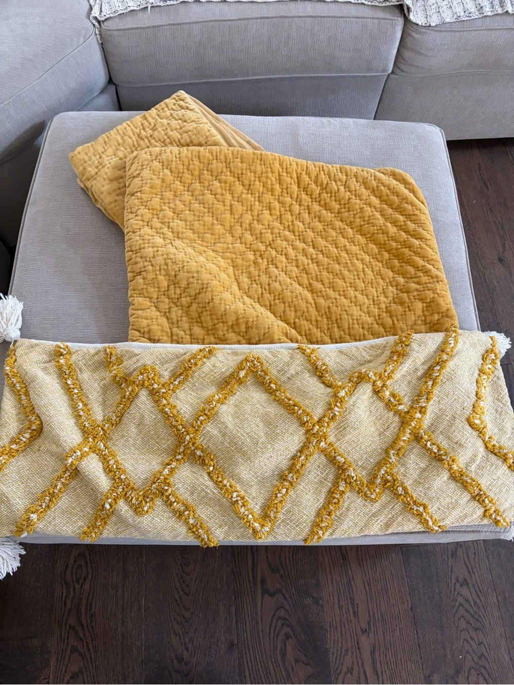 3 pillow. 2 Yellow velvet with Textured Diamond Accent and  one Lumbar pillow